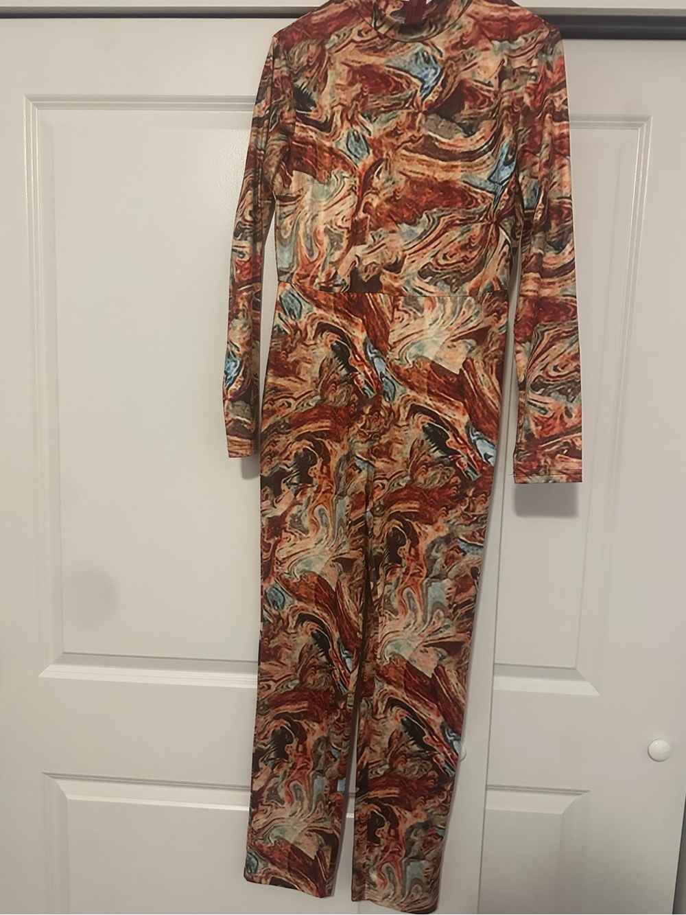 Marbled Long-Sleeve Jumpsuit in Rust, Cream & Teal